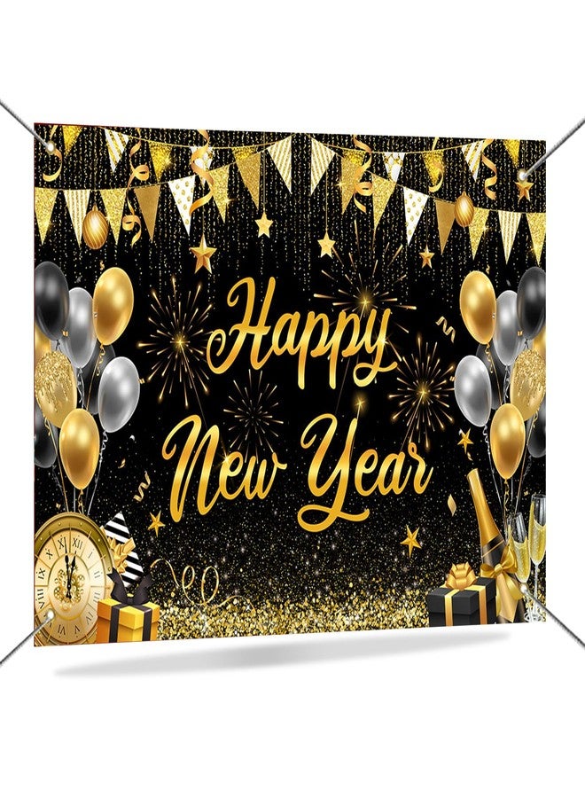 Mocsicka Happy New Year 2026 Banner Backdrop Black and Gold New Years Eve Decorations Party Banner Supplies 70.8 x 43.3 Inch - Image 1