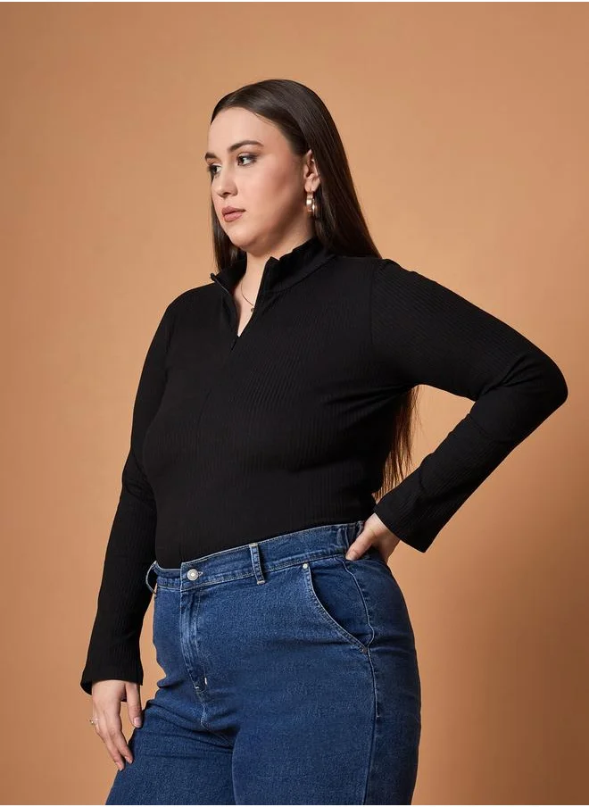SASSAFRAS Plus Size Rib Knit Front Zipper High Neck Top by Styli