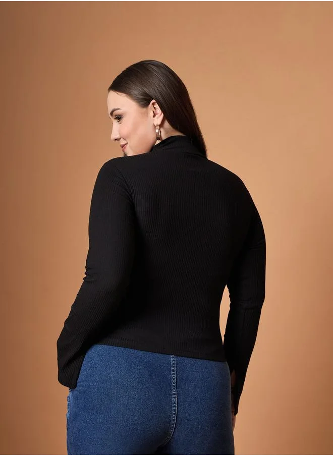 SASSAFRAS Plus Size Rib Knit Front Zipper High Neck Top by Styli
