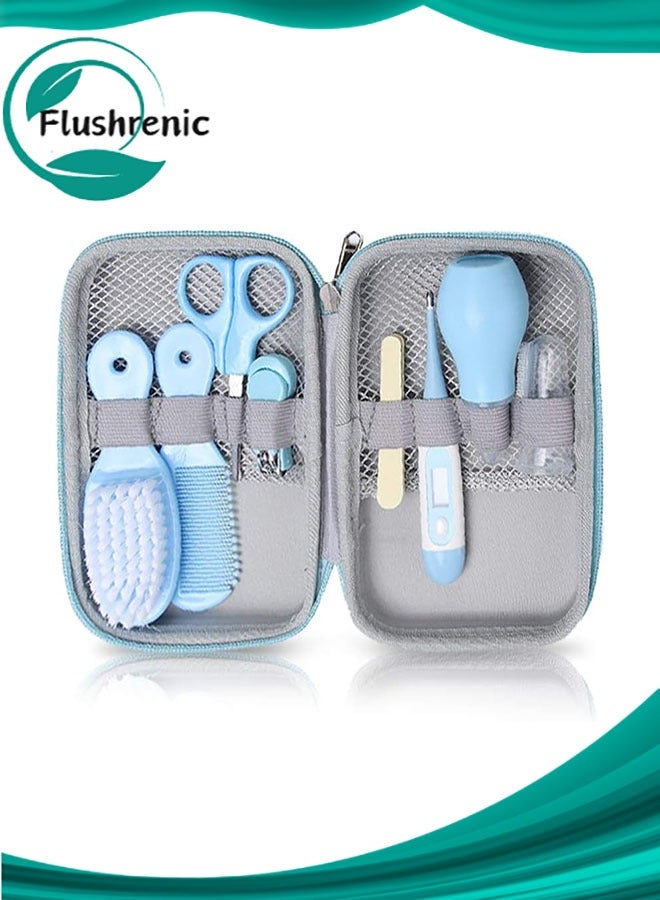 Flushrenic Baby Grooming Kit, 8 in 1 Baby Hair Brush/Nail Clipper/Nose Cleaner/Finger Toothbrush/Nail Scissors/Manicure Kit for Baby Care Keep Healthy and Clean(Blue) - Image 1