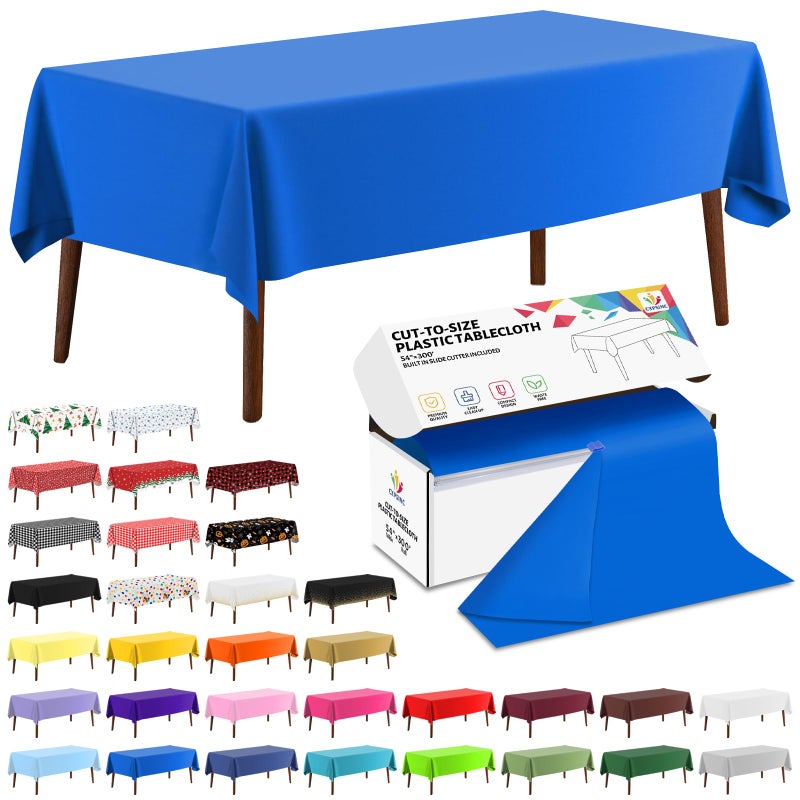 CXPSINC CXPSINC 54 Inch X 300 Feet Plastic Table Cover Roll Disposable Tablecloth with Slide Cutter for All TypeShape Tables  Picnic Party Banquet Birthdays Weddings Blue 300 Feet