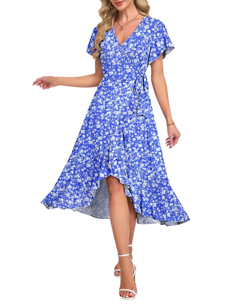 AUSELILY Women Summer Midi Dresses Wrap Short Flutter Sleeve V Neck Boho Slit Flowy Ruffle Dress Wedding Guest Dresses - Image 1