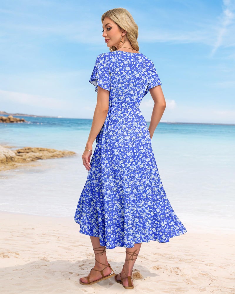 AUSELILY Women Summer Midi Dresses Wrap Short Flutter Sleeve V Neck Boho Slit Flowy Ruffle Dress Wedding Guest Dresses - Image 5