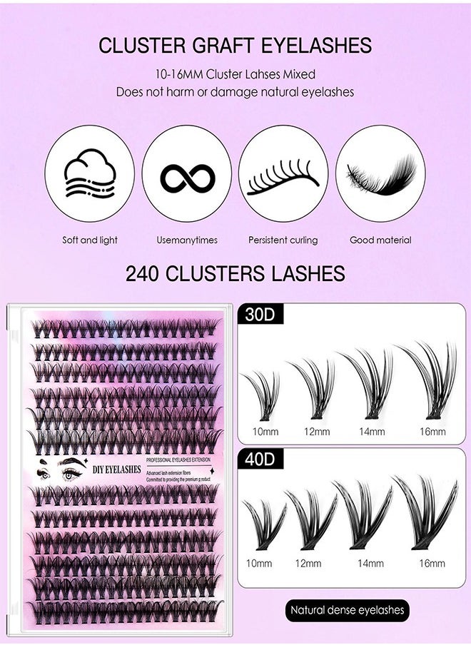 Generic - Segmented False Eyelashes Set Single Cluster Natural Large Volume Grafted Eyelashes 10-16MM Personal Eyelash Extensions With Bonding And Sealing Eyelash Glue And Eyelash Extension Tweezers DIY - Image 1