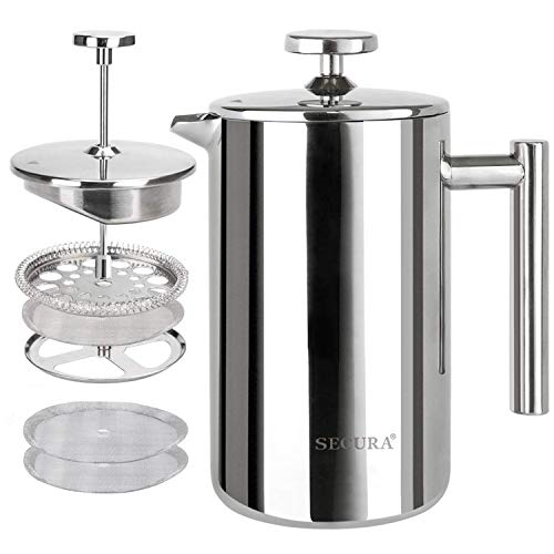 Secura French Press Coffee Maker, 304 Grade Stainless Steel Insulated Coffee Press with 2 Extra Screens, 17oz (0.5 Litre), Silver - Image 1