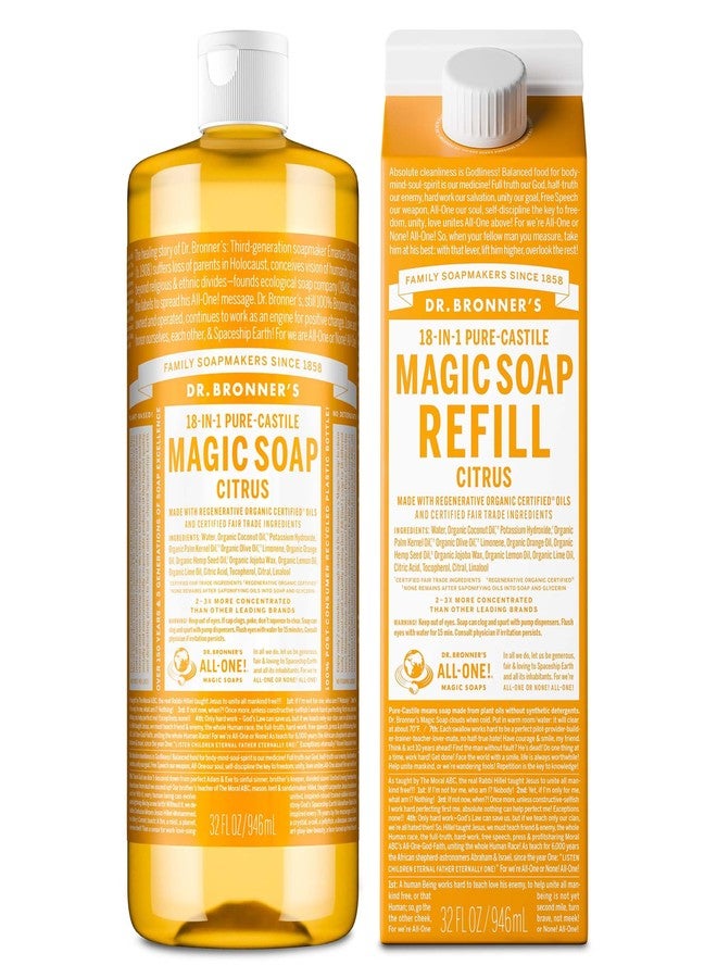 Dr. Bronner's Pure-Castile Magic Soap Liquid, Citrus, Made with Organic Oils for Body, Face, Hair, Dishes, Laundry, Vegan Bath Soaps for Men & Women, Non-GMO, 18-in-1 Multi-Use - Citrus, 32oz + Refill - Image 1