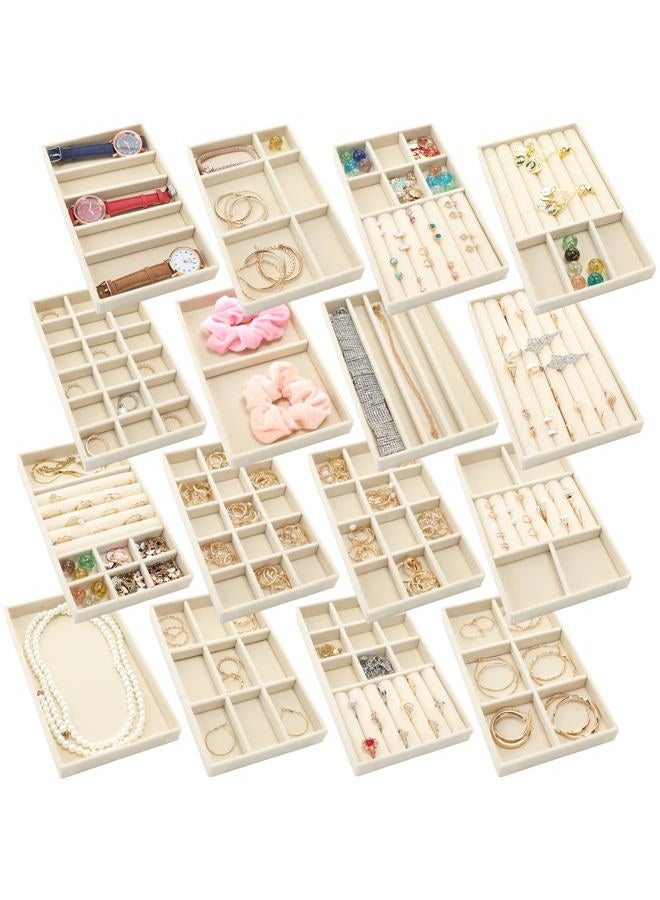 Landical 16 Pcs Stackable Jewelry Organizer for Drawer Velvet Jewelry Tray with Dividers Earring Holder & Ring Display Box Fits 8.4 x 5 x 1 Drawer Necklace Storage for Women, Girls (beige, 16 Styles) - Image 1