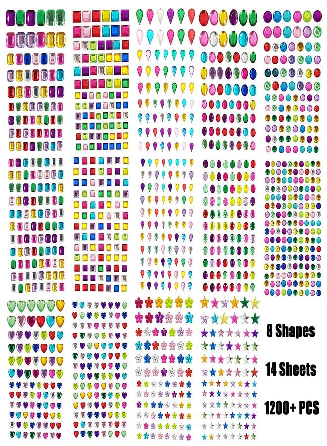 FEMBW 1200+ PCS Self Adhesive Gems Stickers,14 Sheets Rhinestone Stickers for DIY Craft,8 Shapes Sparkle Jewels for Nail Body Makeup Festival - Image 2