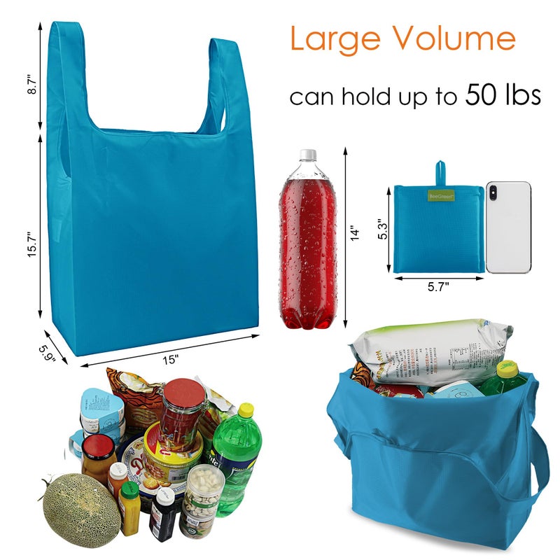 BeeGreen Light Blue Reusable Grocery Bags with Zipper Storage Pouch 10 Packs Blue Reusable Shopping Bags Bulk Foldable-Machine Washable - Image 2