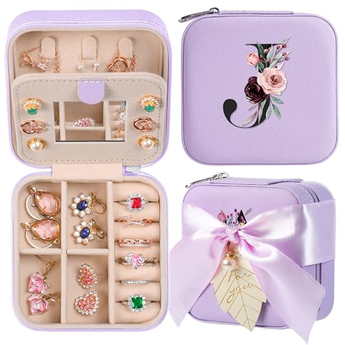 AYGXU Travel Jewelry Case, Travel Jewelry Box, Travel Jewelry Organizer, Travel Gifts for Women Girls, Jewelry Organizer Box, Birthday Gifts for Women, Gifts for Teens Girls - Initial J Purple - Image 1