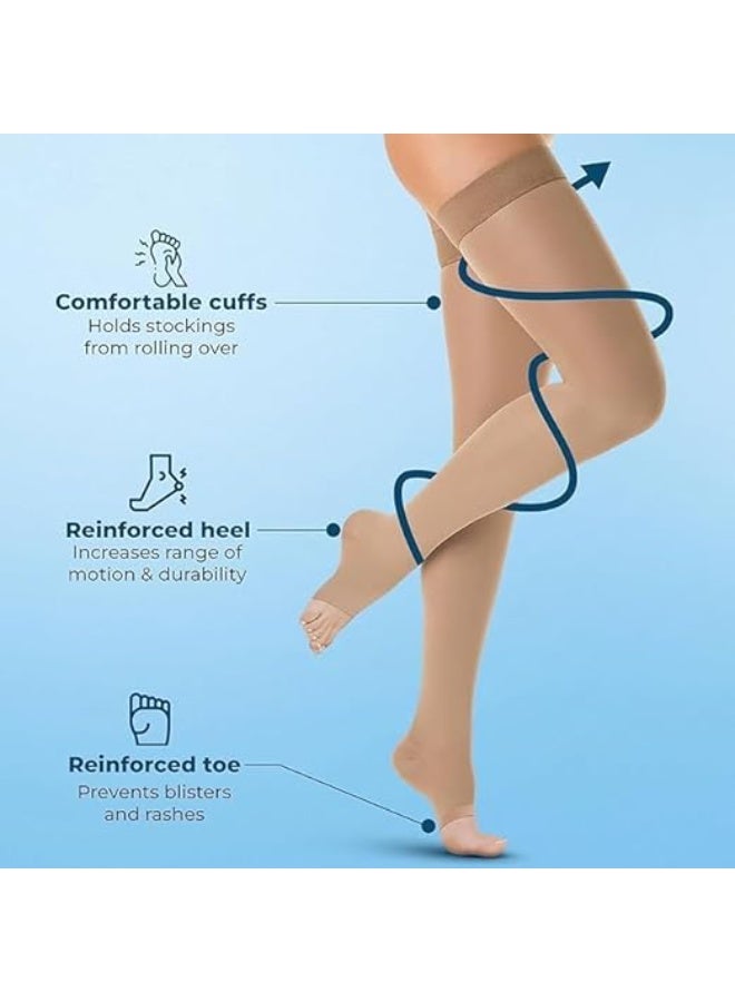 1 Pair Classic Medical Compression Socks - Class 2 (23-32mmHg) - Effective Support for Varicose Veins & Leg Circulation - Open Toe Design - Knee High - For Men & Women - Beige - Image 2