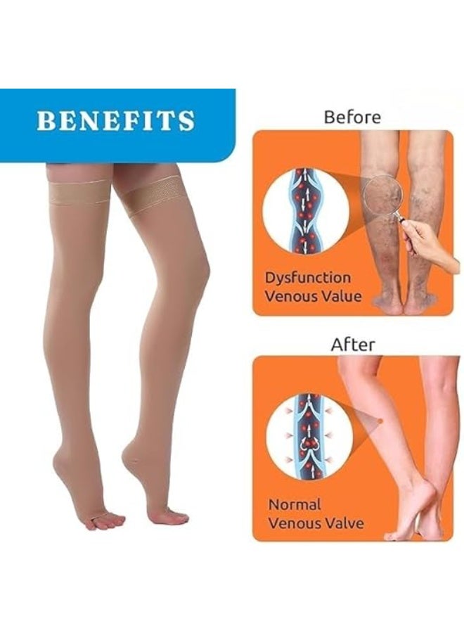 1 Pair Classic Medical Compression Socks - Class 2 (23-32mmHg) - Effective Support for Varicose Veins & Leg Circulation - Open Toe Design - Knee High - For Men & Women - Beige - Image 4