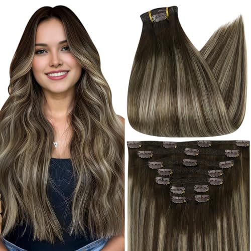 Full Shine Hair Extensions Clip ins Dark Brown Short Clip in Hair Extensions Dark Brown Balayage Platinum Blonde Remy Straight Hair Extension Thick Ends 12 Inch 7 Pcs 95g - Image 2