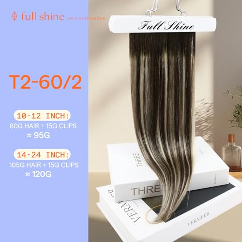 Full Shine Hair Extensions Clip ins Dark Brown Short Clip in Hair Extensions Dark Brown Balayage Platinum Blonde Remy Straight Hair Extension Thick Ends 12 Inch 7 Pcs 95g - Image 5