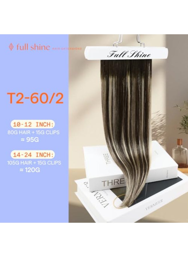 Full Shine Hair Extensions Clip ins Dark Brown Short Clip in Hair Extensions Dark Brown Balayage Platinum Blonde Remy Straight Hair Extension Thick Ends 12 Inch 7 Pcs 95g - Image 4
