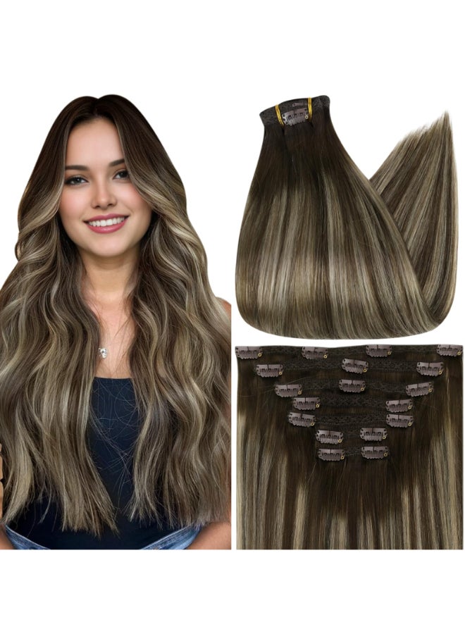 Full Shine Hair Extensions Clip ins Dark Brown Short Clip in Hair Extensions Dark Brown Balayage Platinum Blonde Remy Straight Hair Extension Thick Ends 12 Inch 7 Pcs 95g - Image 3