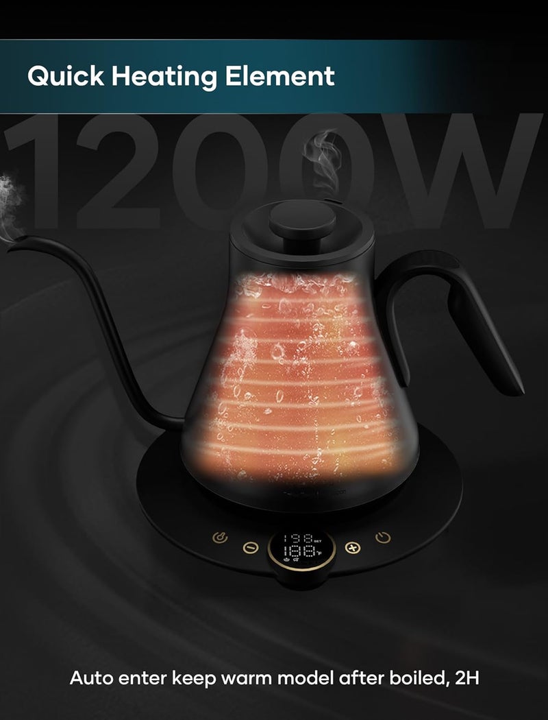 INTASTING Gooseneck Electric Kettle with ±1℉ Temperature Control for Pour Over Coffee & Tea, Quick Heating, BPA-Free Stainless Steel, Built-in Brew Timer, 1500W/0.9L (Ebony Black) - Image 5