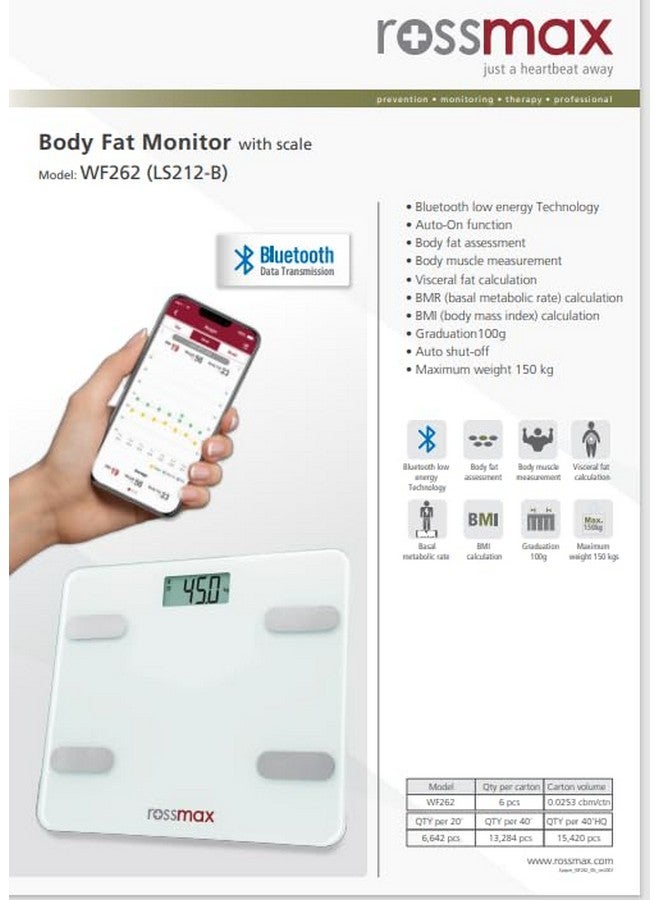 Rossmax Rossmax WF262BT Swiss Design Smart Body Fat Monitor Scale - Bluetooth Digital BMI Weight Scale with Body Fat Analyzer & Composition Monitor - App-Enabled Body Weight Scale  - Image 5