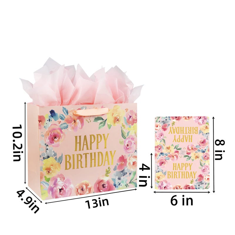 Laidans 13" Large Happy Birthday Gift Bag with Card and Tissue Papers, Handles Floral Design for Women Girls Birthday Party (13" Pink) - Image 2