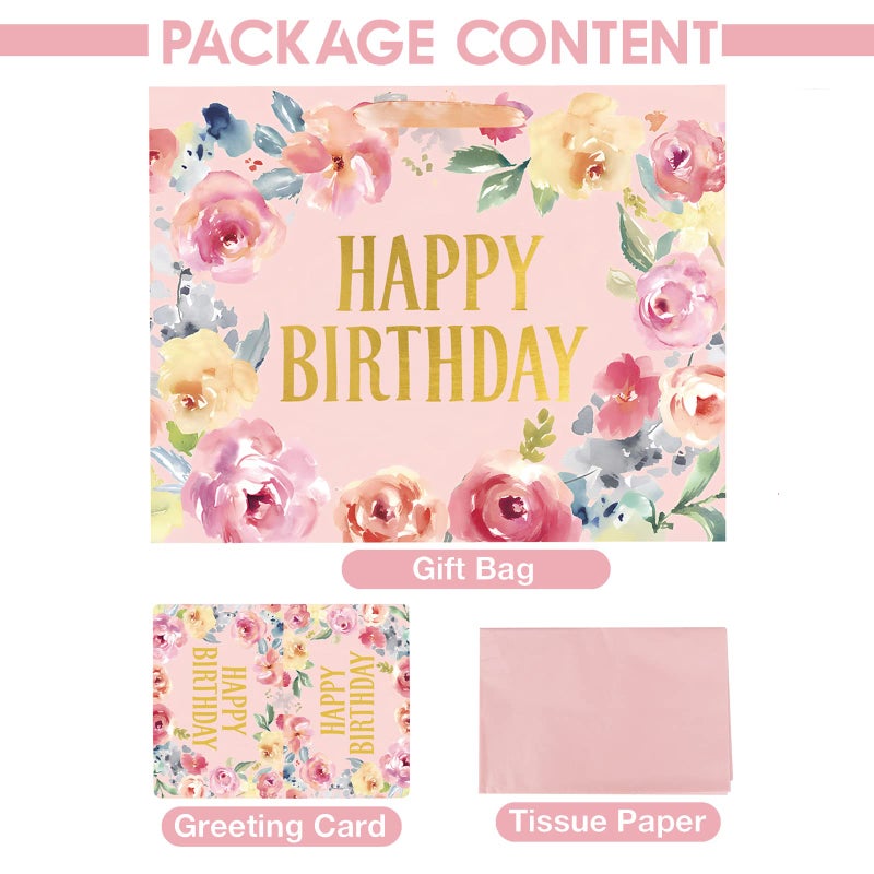Laidans 13" Large Happy Birthday Gift Bag with Card and Tissue Papers, Handles Floral Design for Women Girls Birthday Party (13" Pink) - Image 4