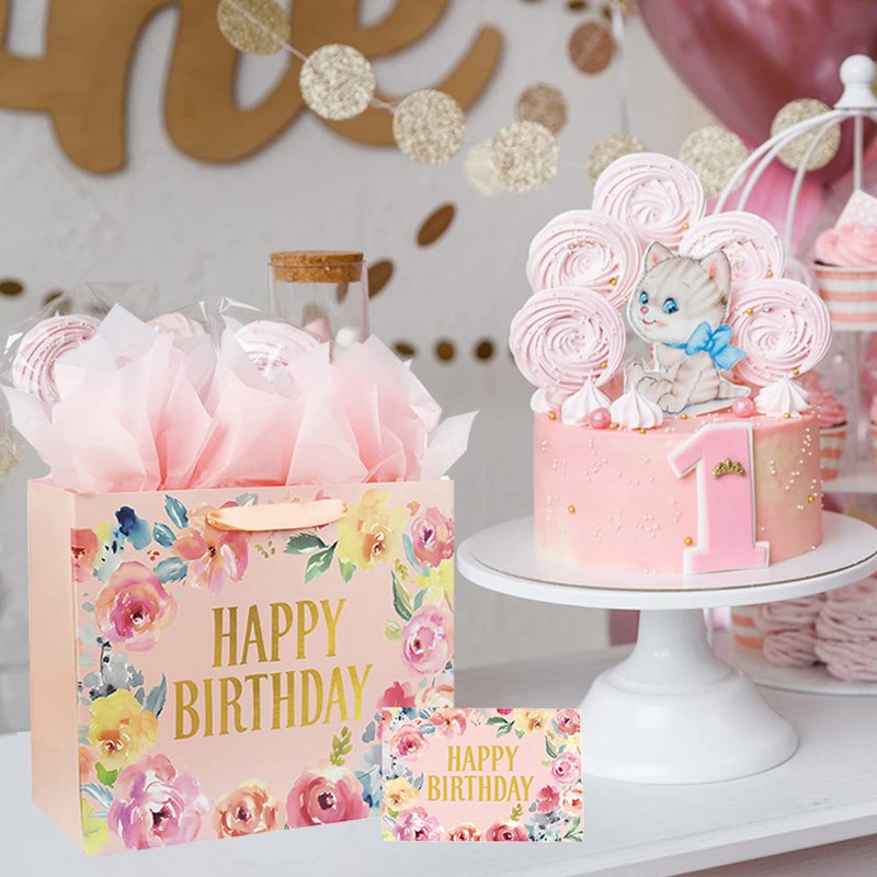 Laidans 13" Large Happy Birthday Gift Bag with Card and Tissue Papers, Handles Floral Design for Women Girls Birthday Party (13" Pink) - Image 5