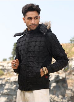 Campus Sutra Men's Carbon Black Self-Design Puffer Jacket With Fleece Hood  - Image 3