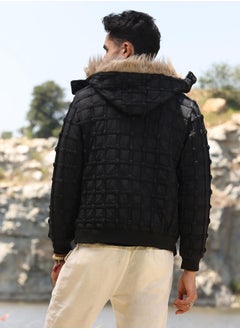 Campus Sutra Men's Carbon Black Self-Design Puffer Jacket With Fleece Hood  - Image 5
