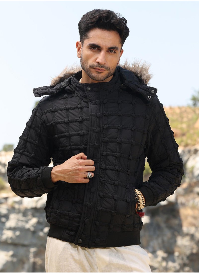 Campus Sutra - Men's Carbon Black Self-Design Puffer Jacket With Fleece Hood - Image 1