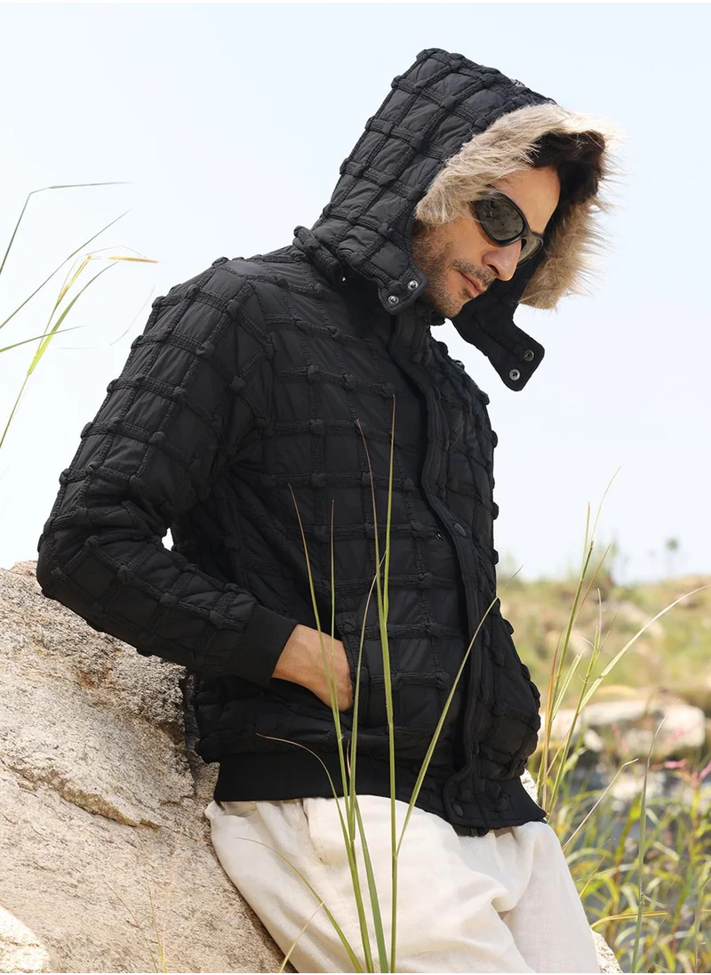 Campus Sutra Men's Carbon Black Self-Design Puffer Jacket With Fleece Hood