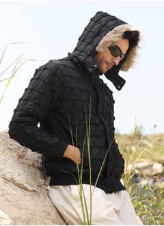 Campus Sutra Men's Carbon Black Self-Design Puffer Jacket With Fleece Hood  - Image 1