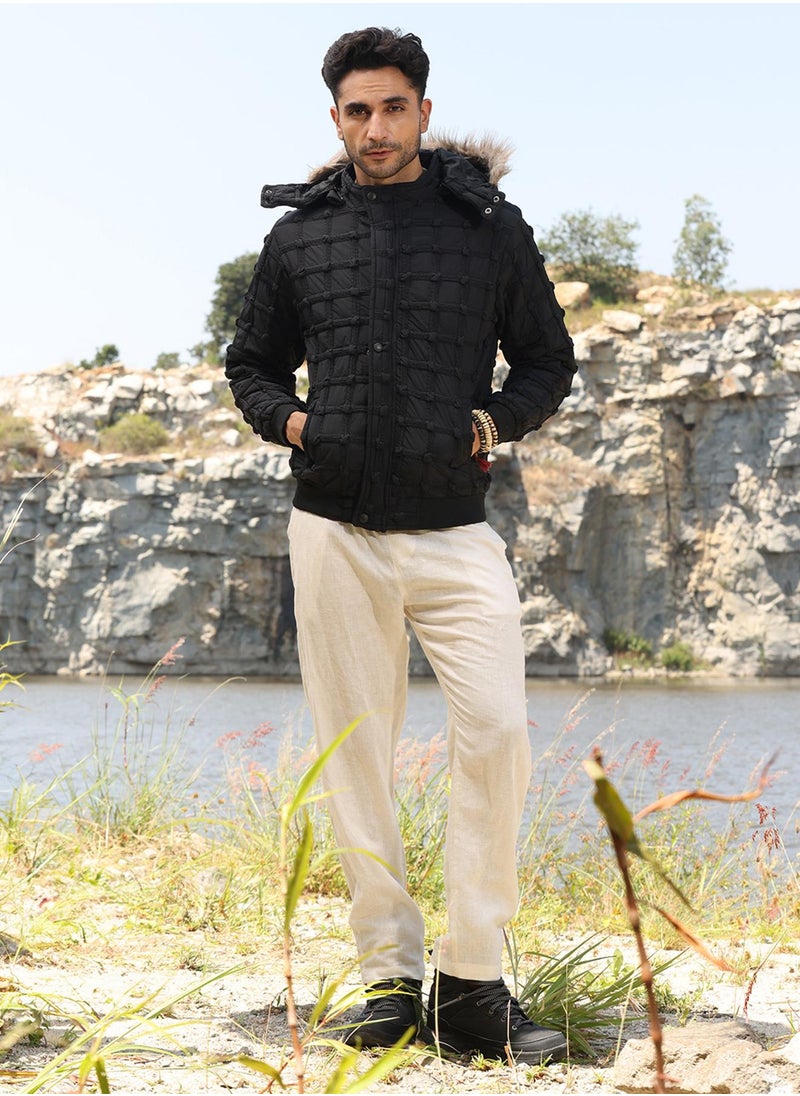 Campus Sutra - Men's Carbon Black Self-Design Puffer Jacket With Fleece Hood - Image 1