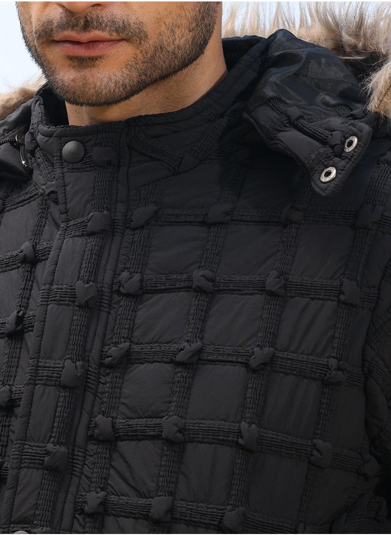 Campus Sutra - Men's Carbon Black Self-Design Puffer Jacket With Fleece Hood - Image 1