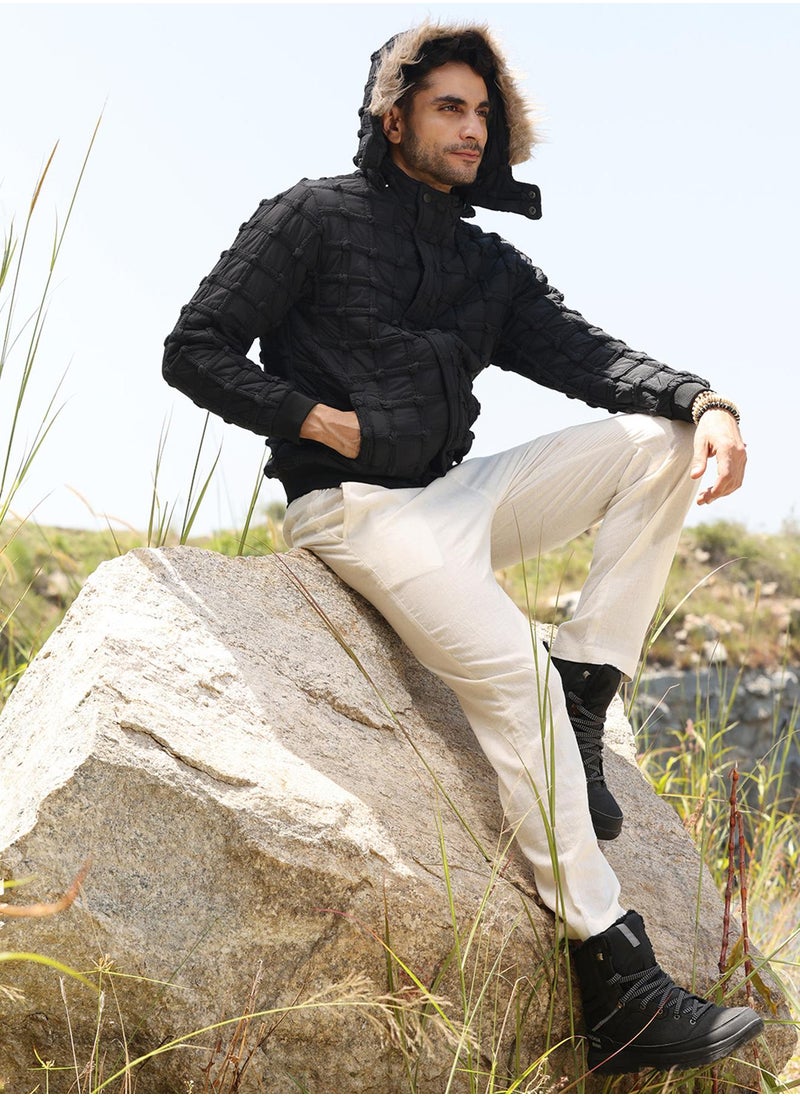 Campus Sutra - Men's Carbon Black Self-Design Puffer Jacket With Fleece Hood - Image 1