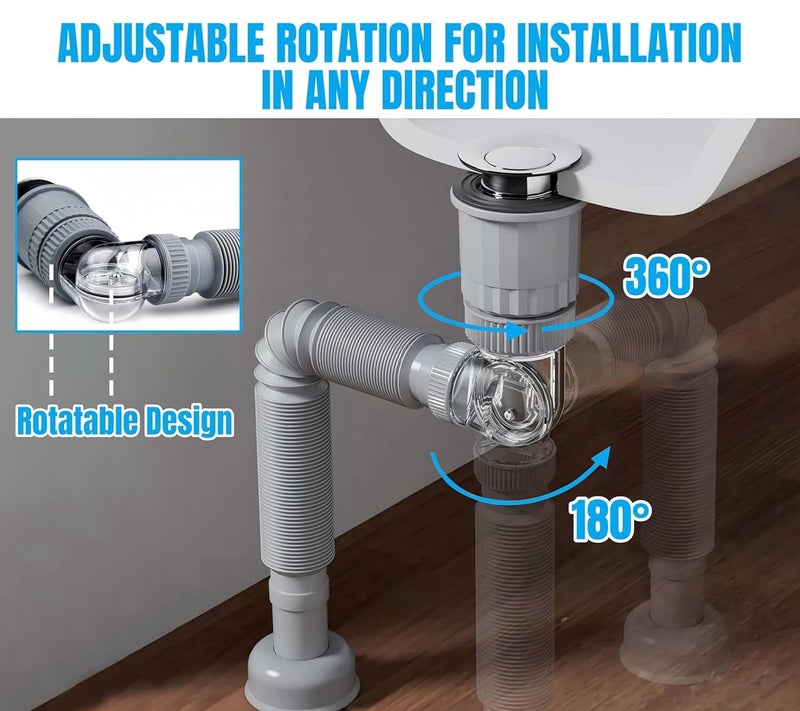GSAINTLY ® Bathroom Sink Drain Pipe Kit, 3-in-1 Plumbing, 1-1/4" & 1-1/2" Drain Hole, Anti-Odour, Anti-Backflow, Water Leak Proof Space Saving Design for Bathrooms, Kitchen - Image 2
