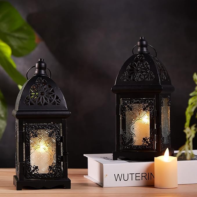 KERFORA Hanging Candle Lantern Holder with Transparent Glass Vintage Metal Decorative Lantern in Black - Image 2