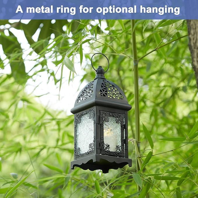 KERFORA Hanging Candle Lantern Holder with Transparent Glass Vintage Metal Decorative Lantern in Black - Image 3