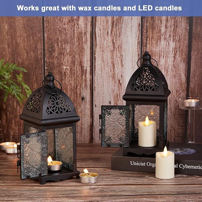 KERFORA Hanging Candle Lantern Holder with Transparent Glass Vintage Metal Decorative Lantern in Black - Image 5