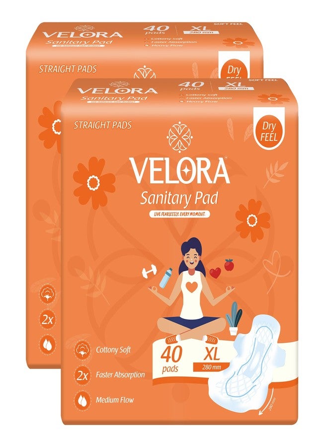 Velora Dry Feel XL 80 Pads | Wider Back for Extra Coverage |Quick Absorption | Medium Flow Straight Sanitary Pads for Women & Girl (40 Pads each-280MM) - Image 1