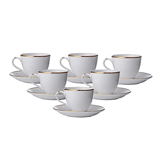 TAGROCK Golden Rim Bone China White Dotted Tea Cup Saucer Set of 12 Piece, (6 Cups & 6 Saucer), 150 ml - Image 3