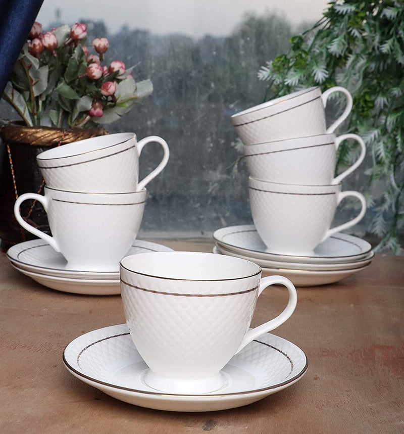 TAGROCK Golden Rim Bone China White Dotted Tea Cup Saucer Set of 12 Piece, (6 Cups & 6 Saucer), 150 ml - Image 4
