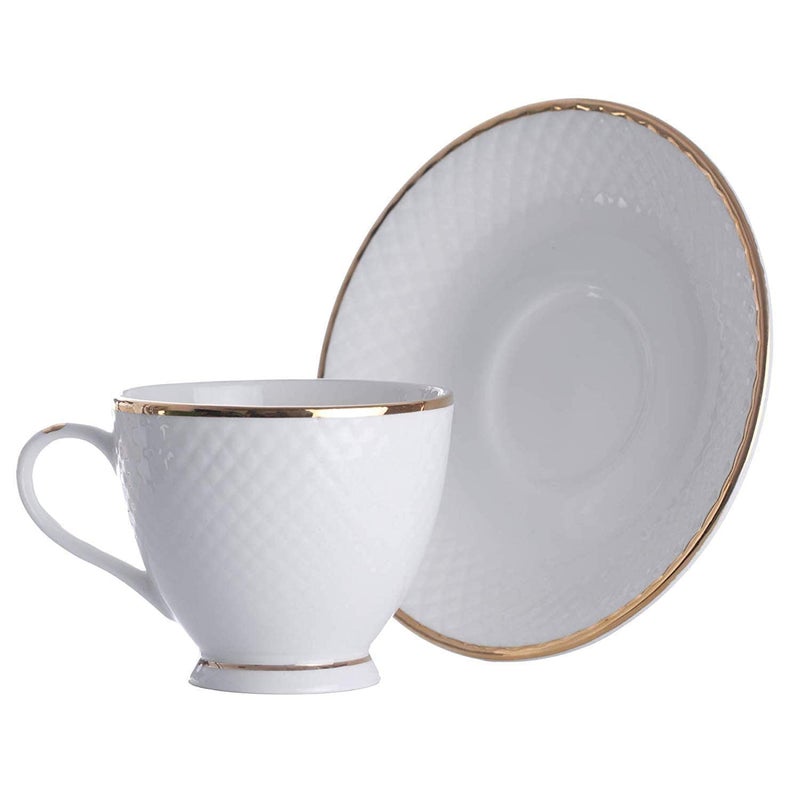 TAGROCK Golden Rim Bone China White Dotted Tea Cup Saucer Set of 12 Piece, (6 Cups & 6 Saucer), 150 ml - Image 2