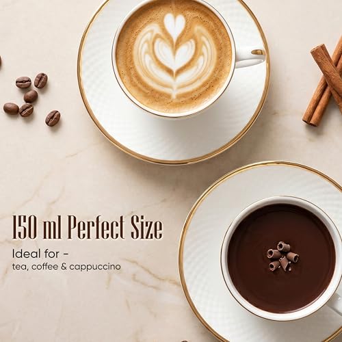 TAGROCK Golden Rim Bone China White Dotted Tea Cup Saucer Set of 12 Piece, (6 Cups & 6 Saucer), 150 ml - Image 5