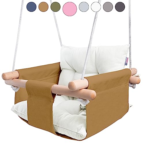 CaTeam Canvas Baby Swing Seat with 5-Point Safety Belt — Wooden Hanging Toddler Swing, Indoor & Outdoor, Ages 1-4, Ceiling Mount Hardware Included, Ocher - Image 1