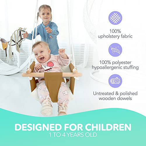 CaTeam Canvas Baby Swing Seat with 5-Point Safety Belt — Wooden Hanging Toddler Swing, Indoor & Outdoor, Ages 1-4, Ceiling Mount Hardware Included, Ocher - Image 2