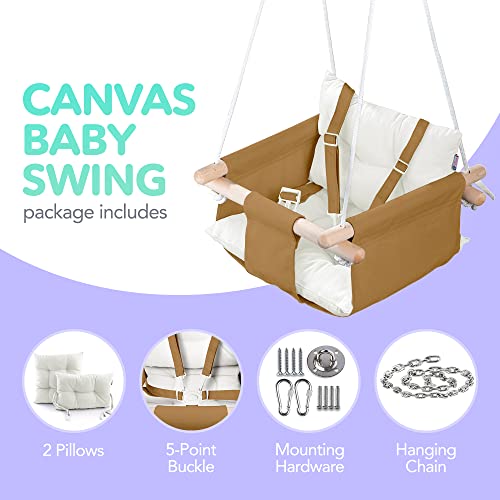 CaTeam Canvas Baby Swing Seat with 5-Point Safety Belt — Wooden Hanging Toddler Swing, Indoor & Outdoor, Ages 1-4, Ceiling Mount Hardware Included, Ocher - Image 3