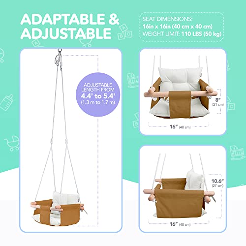 CaTeam Canvas Baby Swing Seat with 5-Point Safety Belt — Wooden Hanging Toddler Swing, Indoor & Outdoor, Ages 1-4, Ceiling Mount Hardware Included, Ocher - Image 5
