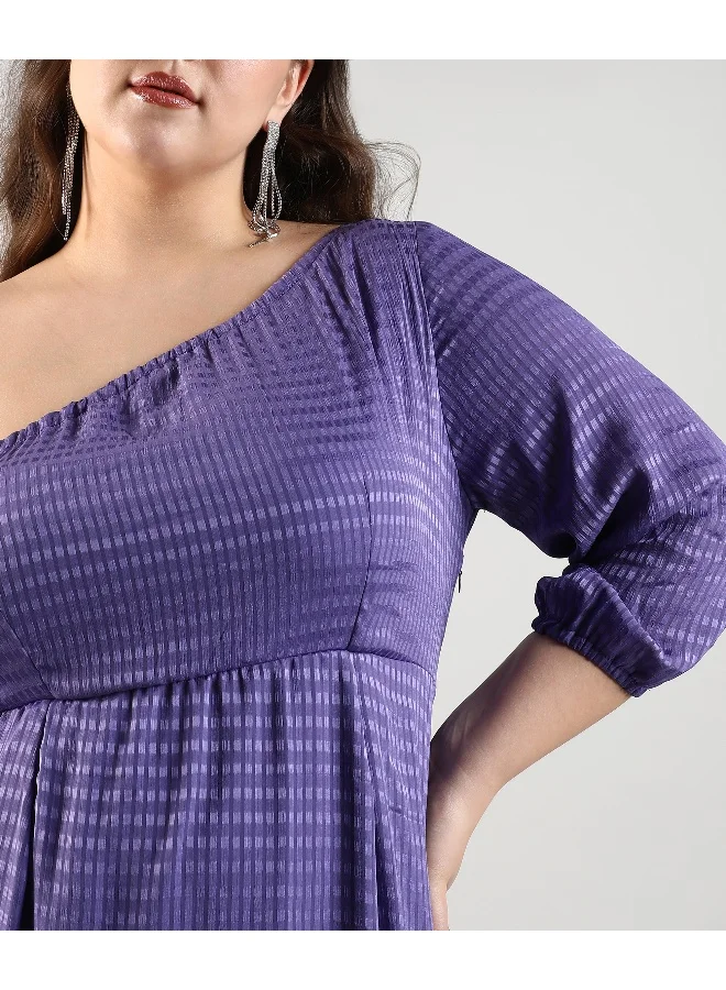 Instafab Plus Women's Purple Self-Design Dress For Casual Wear | Quarter Sleeve | Polyester Fabric | One-Shoulder Dress Crafted With Comfort Fit For Everyday Wear