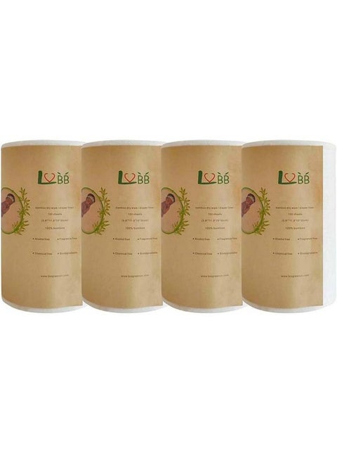 LVBB 100% Bamboo Unscented Biodegradable Cloth Diaper Liners, Gentle and Soft Diaper Liners, Fragance Free and Chlorine Free Cloth Diaper Liners Disposable,100 Counts/Roll (Pack of 4)