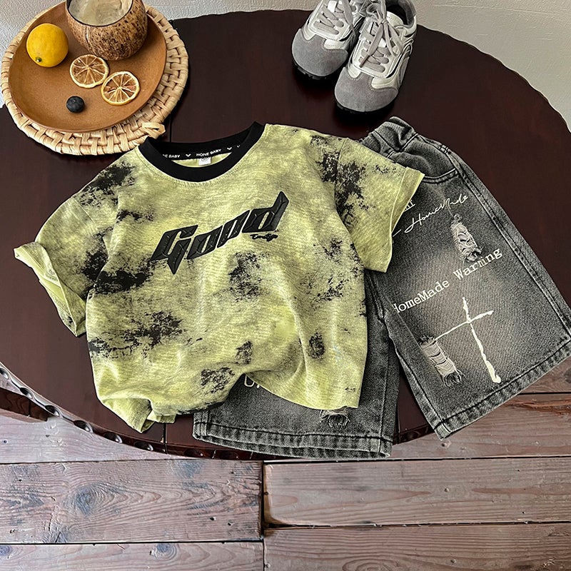Boys' Summer Thin Short-sleeved Children's Korean-style Five-point Pants suit 2025 New Baby Jeans Western-style Summer Wear - Image 1