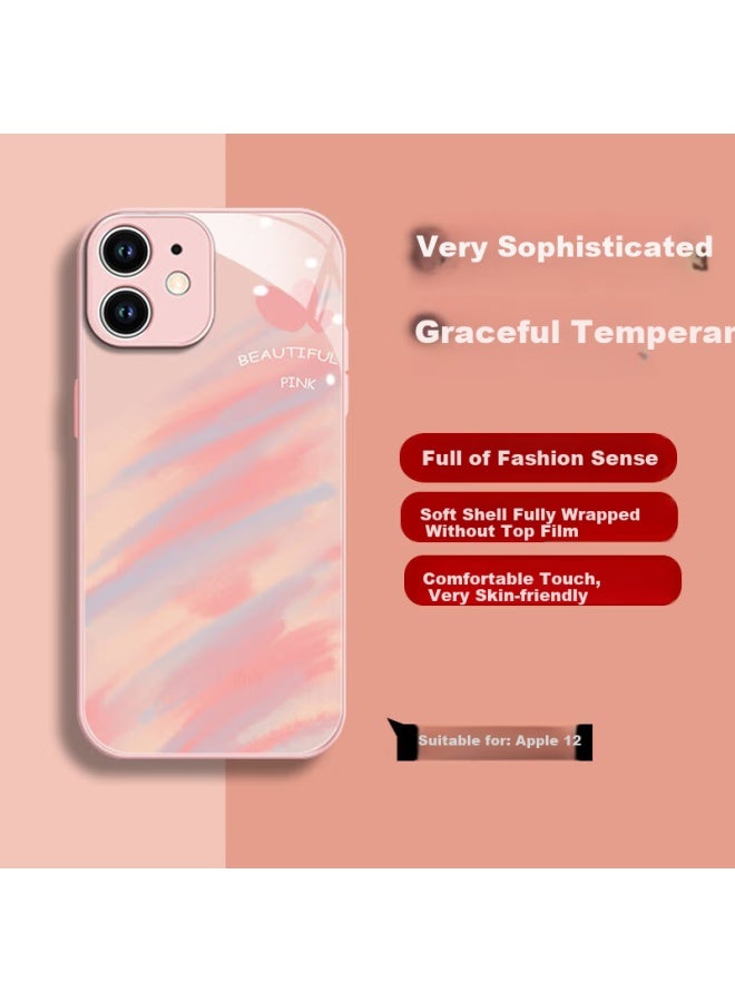 World Han Suitable For Apple 12 Phone Case Iphone 12 Protective Cover High-end Silicone Soft Edge Glass Protective Shell Full Coverage Anti-drop Anti-fingerprint Men And Women Creative Simple Pink Col